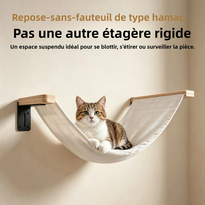 Hamac mural pour chat en bois et toile blanc cassé