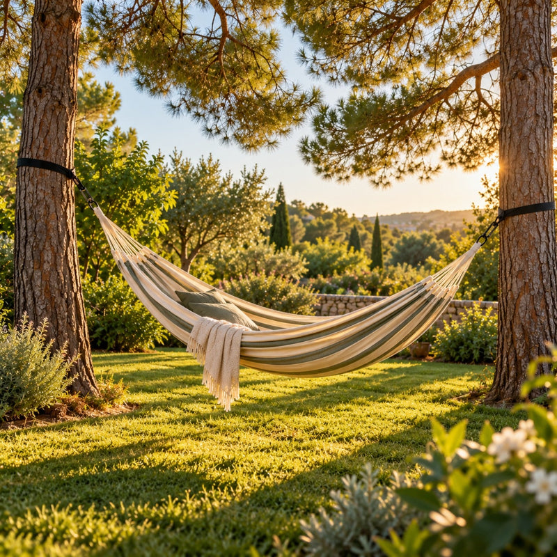 Hamac accroché entre deux pins dans un jardin calme