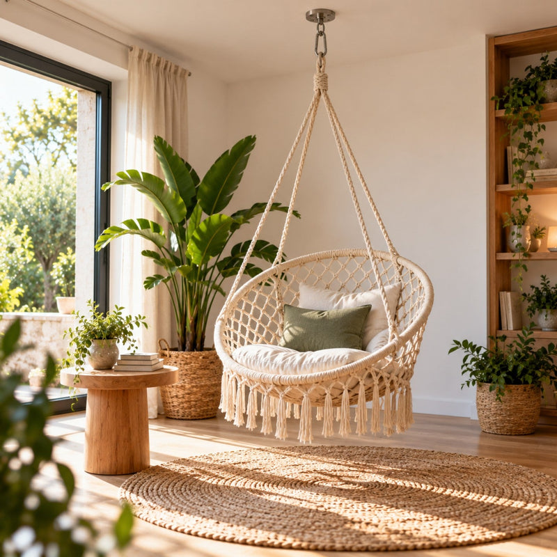Chaise hamac ronde en macramé suspendue au plafond dans un coin lecture