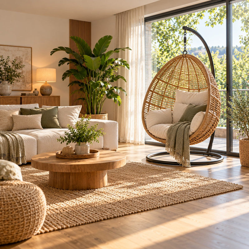 Salon lumineux avec un fauteuil suspendu en forme d'œuf près de la fenêtre