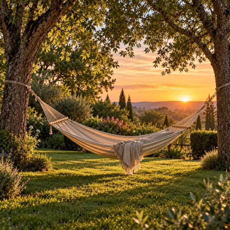Hamac tendu entre deux arbres dans un jardin calme au crépuscule