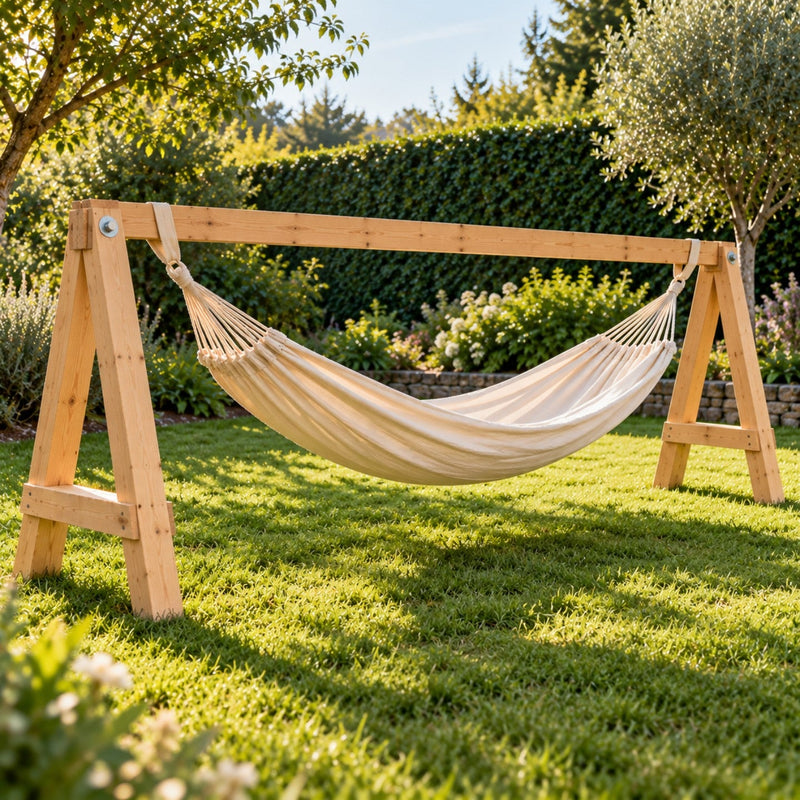 Support de hamac en bois fait maison avec deux chevalets en A installé dans un jardin