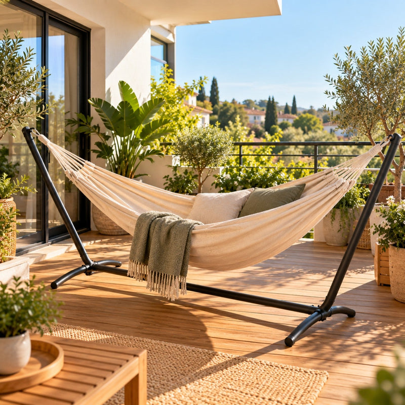 Hamac installé sur une terrasse d'appartement sans aucun perçage