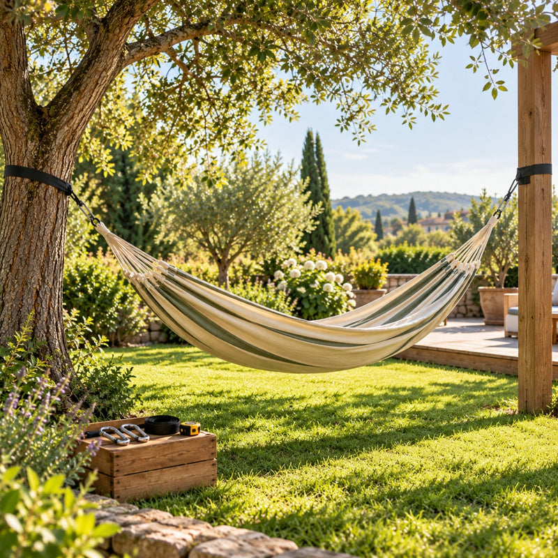 Hamac suspendu entre un arbre et un poteau dans un coin de jardin ensoleillé