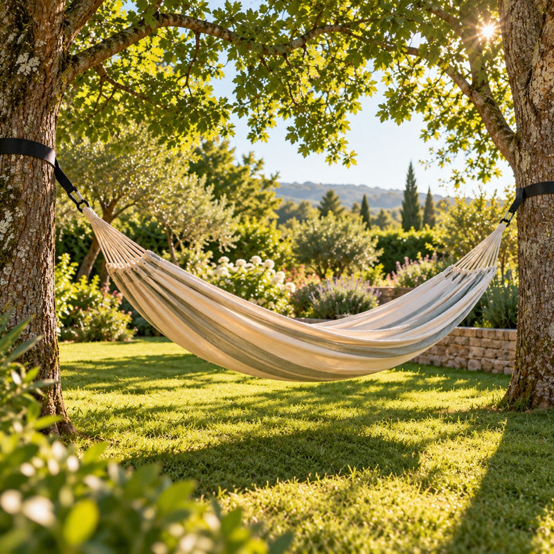 Hamac installé entre deux grands arbres dans un jardin ensoleillé