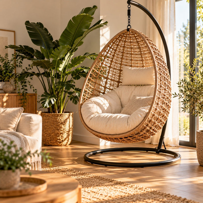 Fauteuil suspendu en forme d'œuf dans un salon lumineux