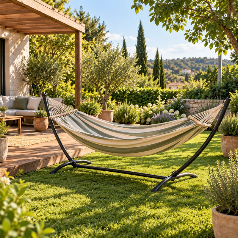 Hamac sur pied en métal installé sur une pelouse à côté d'une terrasse en bois