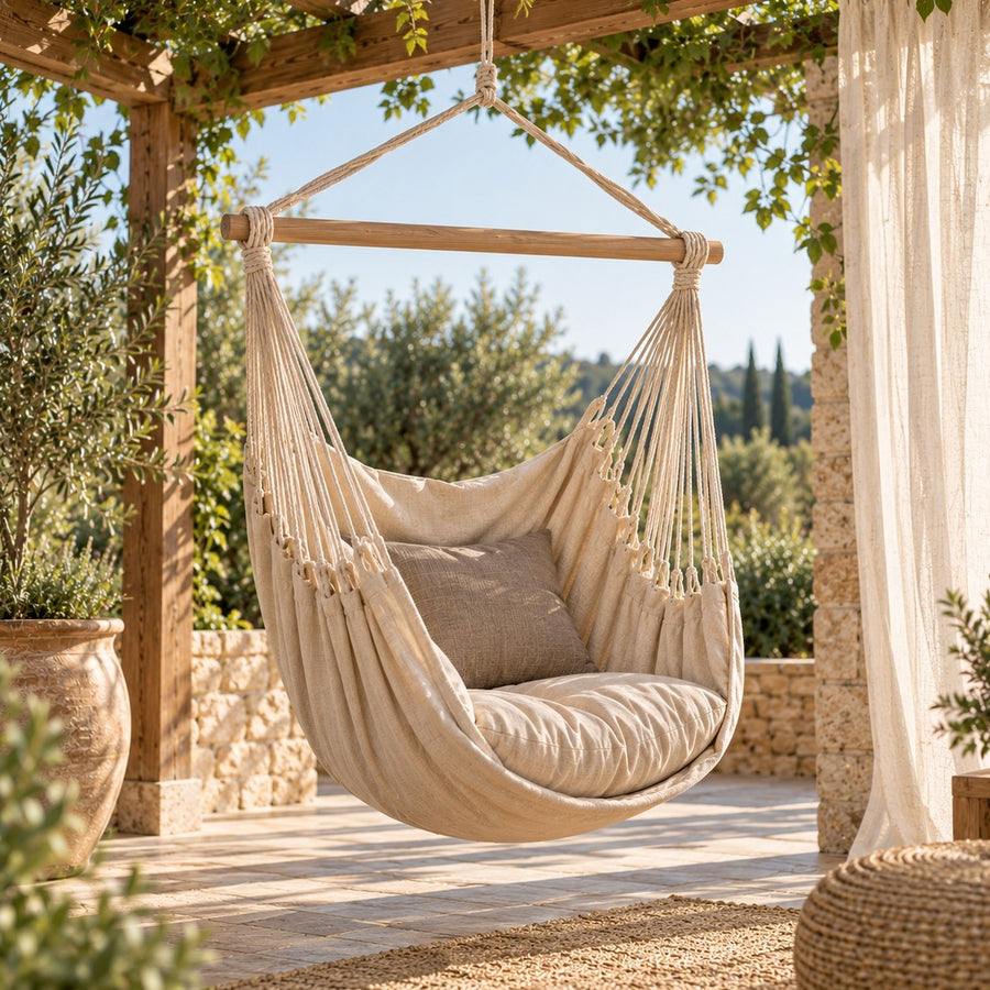 Chaise hamac en coton suspendue sous une pergola