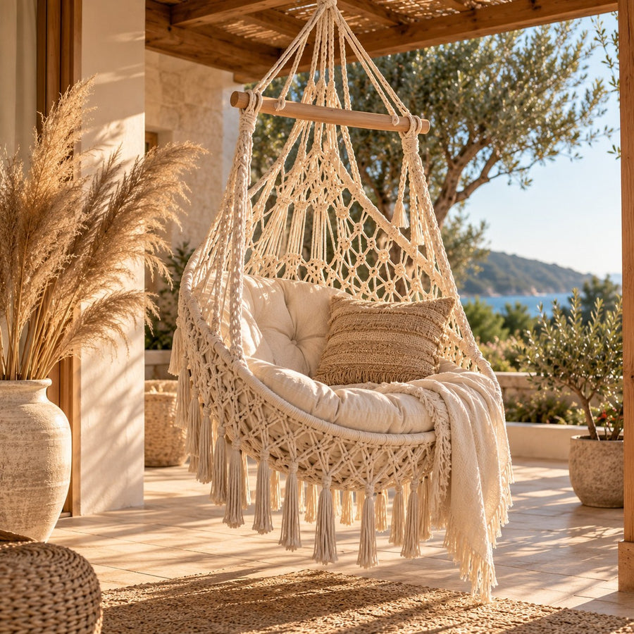 Fauteuil suspendu en macramé sur une véranda bohème