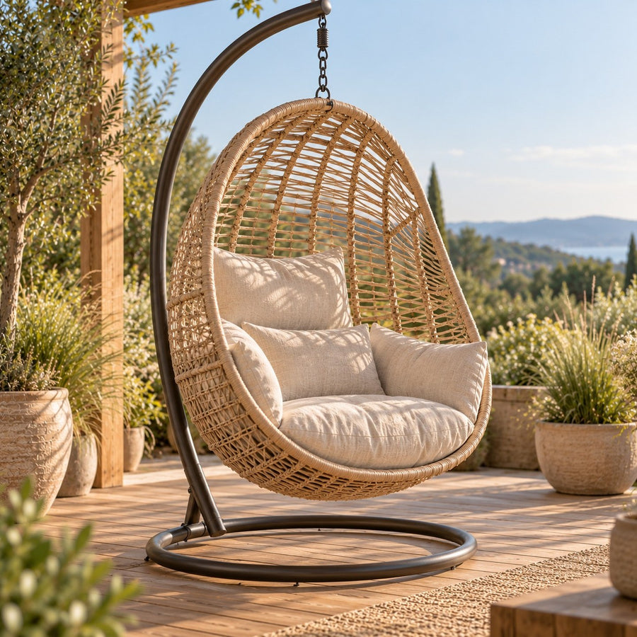 Fauteuil suspendu sur pied sur une terrasse en bois