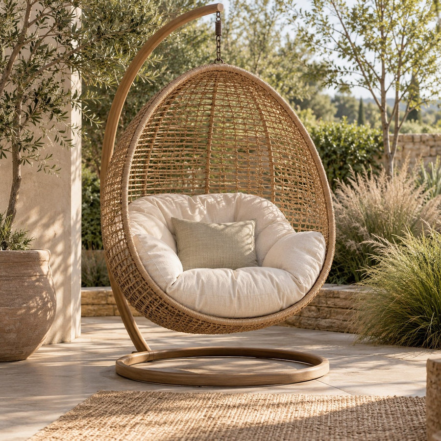 Fauteuil suspendu en rotin avec coussin lin dans un jardin calme