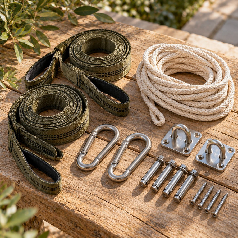 Sangles, mousquetons et crochets de fixation de hamac sur du bois