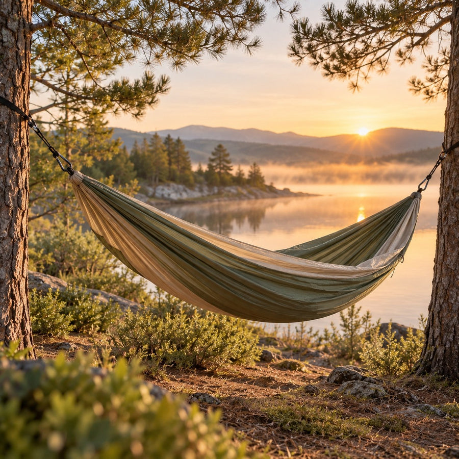 Hamac de camping tendu entre deux pins au bord d'un lac