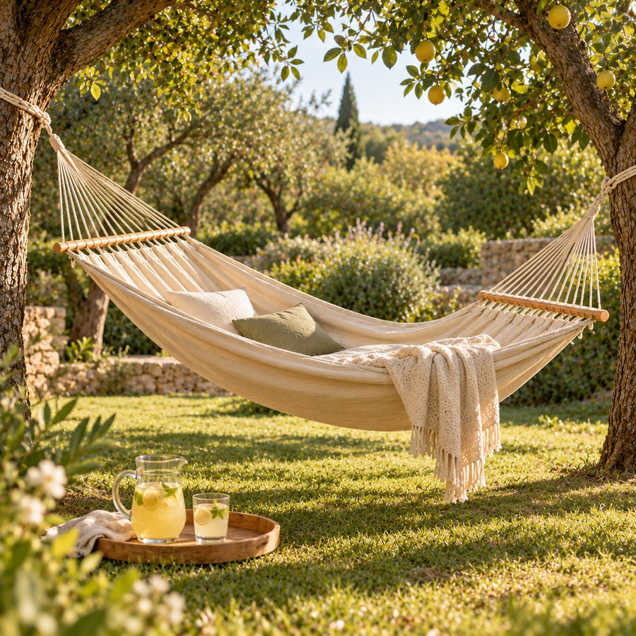 Hamac de jardin entre deux arbres fruitiers