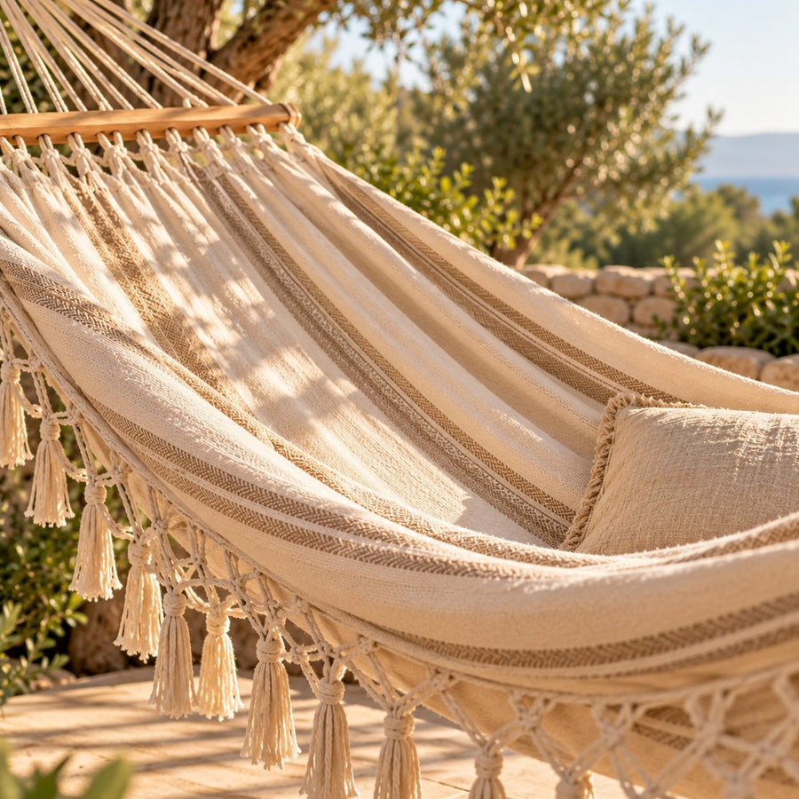 Hamac en coton tissé au soleil, en gros plan