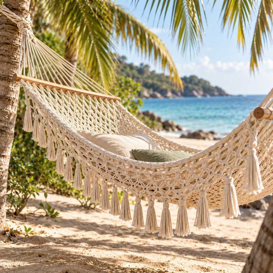 Hamac en macramé à franges près d'une plage