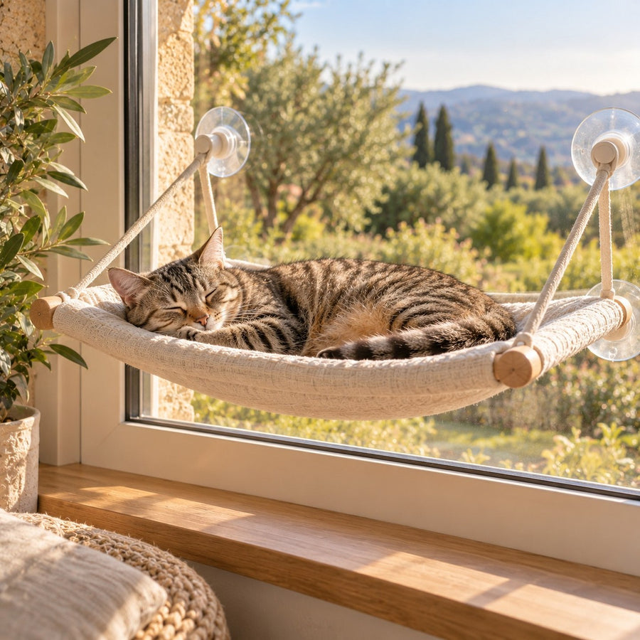 Chat endormi dans un hamac de fenêtre ensoleillé