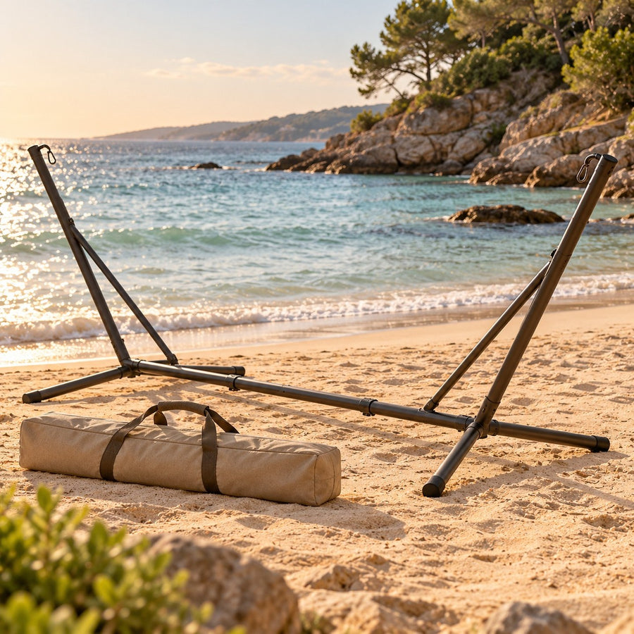 Support de hamac pliable à côté de son sac sur une plage