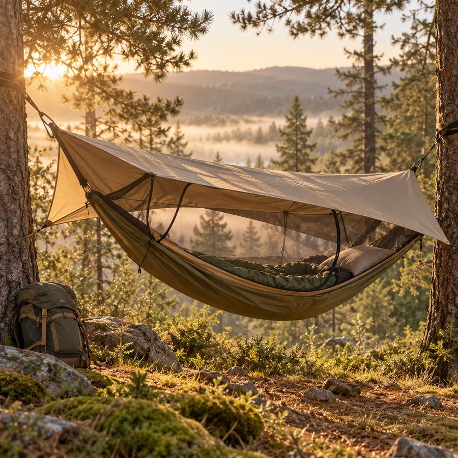 Tente hamac suspendue en forêt au lever du soleil