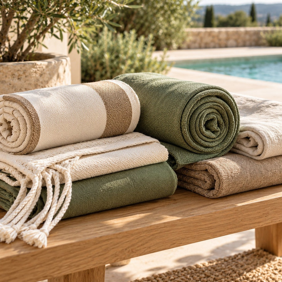 Toiles de hamac pliées en coton et en lin sur un banc