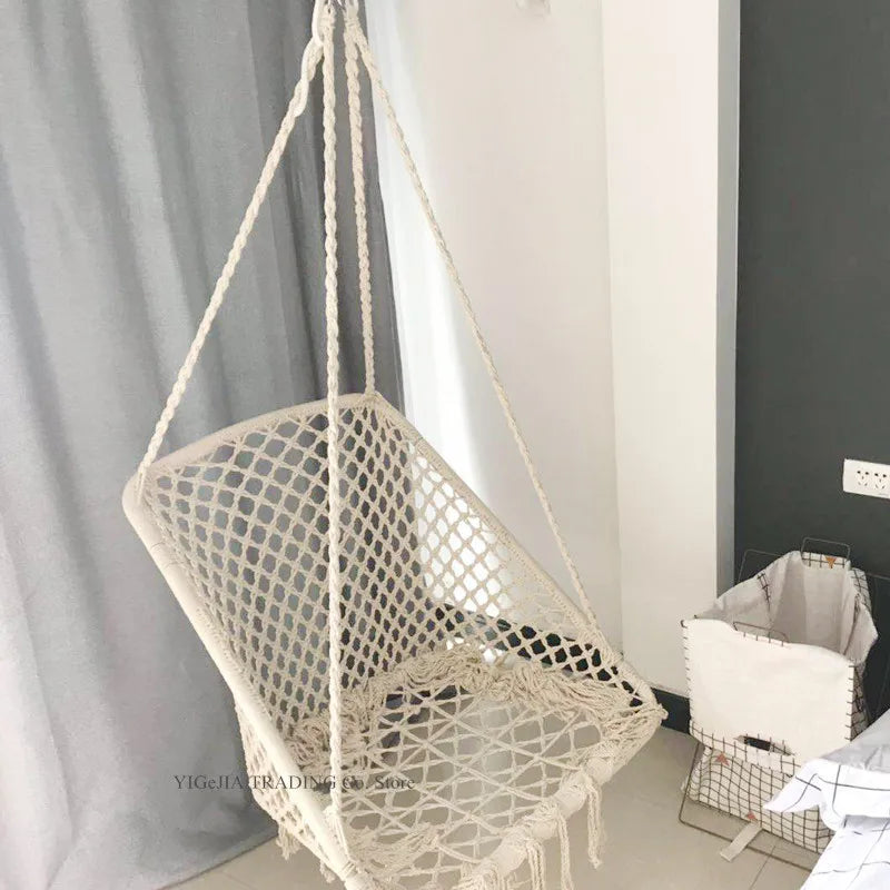 Chaise Hamac en Macramé Blanc Cassé, Corde de Coton à Franges, 150 kg, vue 3