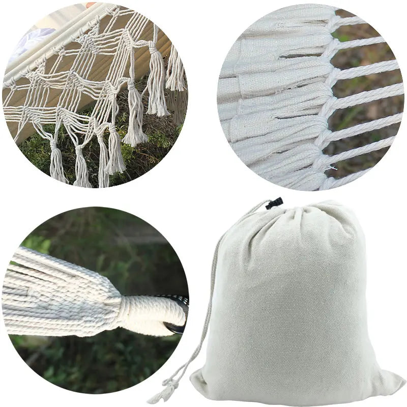Hamac Double Style Nordique en Coton Écru, Franges en Macramé, 200 x 150 cm, vue 4