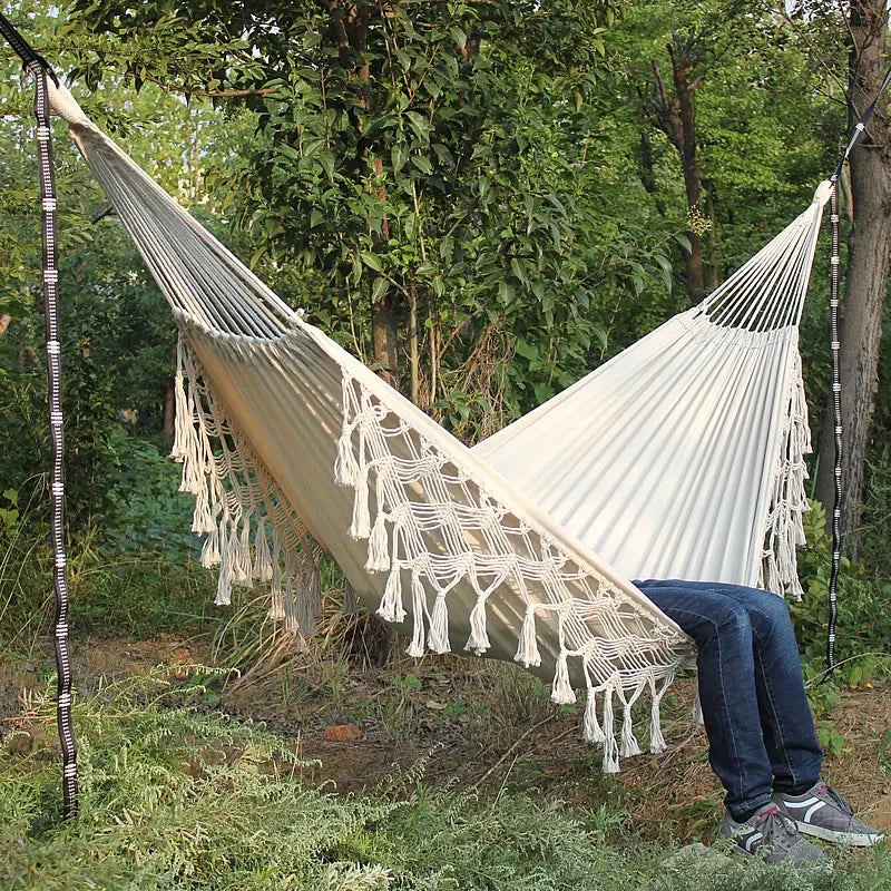 Hamac Double Style Nordique en Coton Écru, Franges en Macramé, 200 x 150 cm
