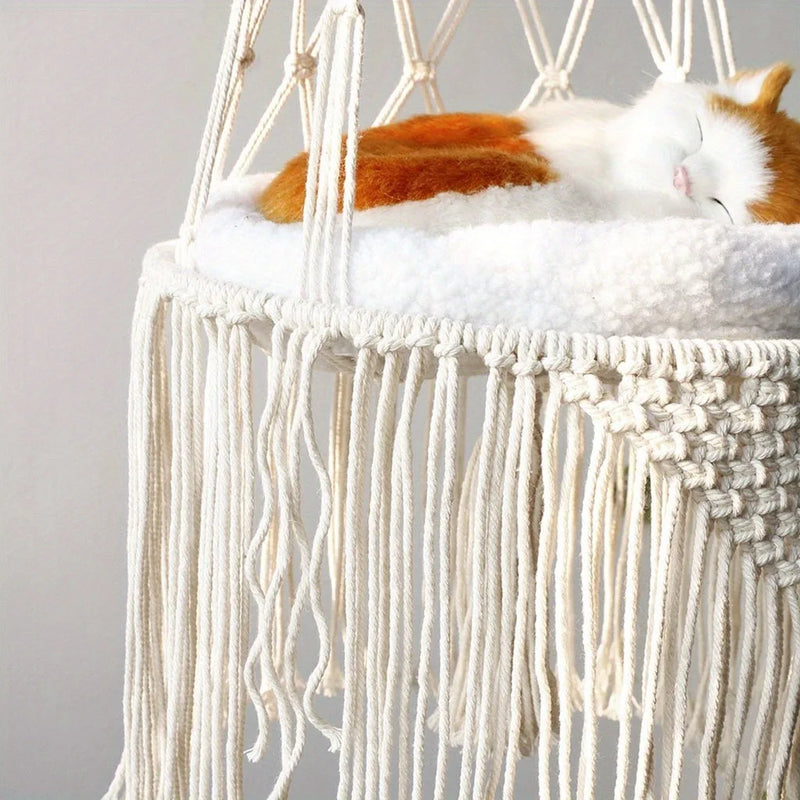 Hamac pour Chat Suspendu en Macramé Blanc Cassé à Longues Franges, Taille M ou L, vue 5