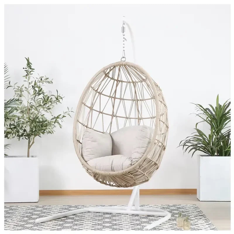 Fauteuil Œuf Suspendu sur Pied en Métal, Assise Tressée avec Coussin, vue 3