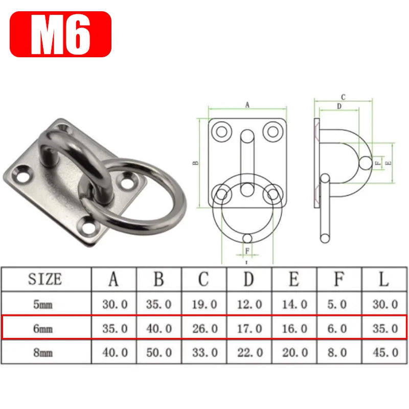 Plaque à Anneau Inox 304 pour Hamac, Fixation Plafond et Mur, M5 à M8, vue 7