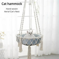 Hamac pour Chat Suspendu en Macramé de Coton Tressé Main, 40 cm, Coussin Rond en Option