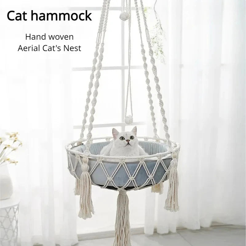 Hamac pour Chat Suspendu en Macramé de Coton Tressé Main, 40 cm, Coussin Rond en Option