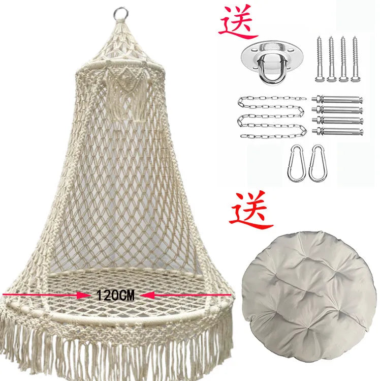 Chaise Hamac Suspendue en Macramé Écru, Forme Conique, Coussin Rond, 3 Tailles, vue 7