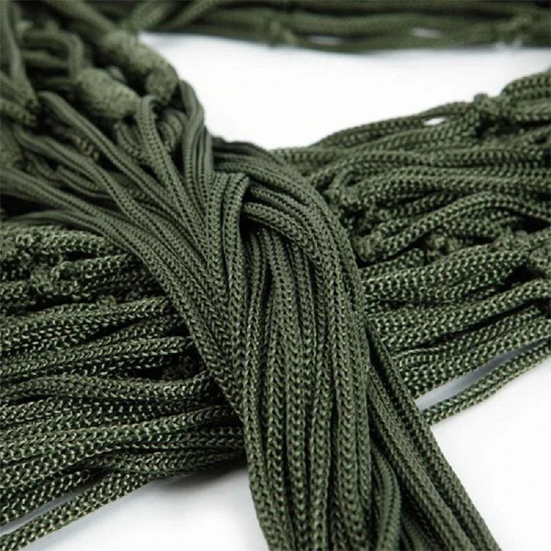 Hamac Filet de Camping en Corde de Nylon Vert Militaire avec Anneaux Métalliques, vue 6