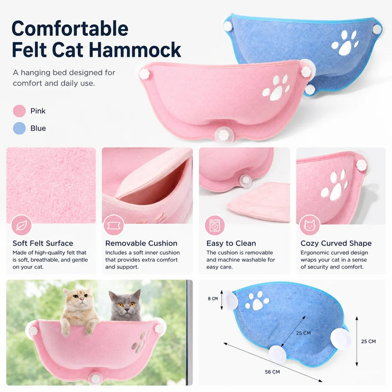 Hamac pour Chat de Fenêtre en Feutre, Forme Croissant à Ventouses, Bleu ou Rose, 56 x 25 cm, vue 5
