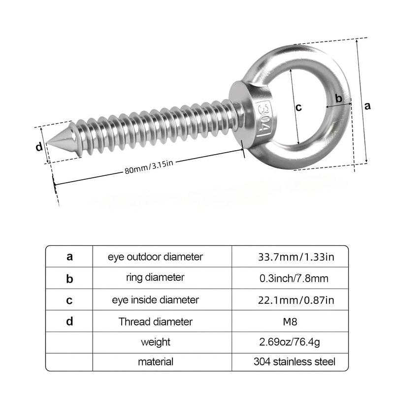 Vis à Anneau pour Hamac et Chaise Suspendue en Inox, Lot de 4, M5 ou M8, vue 3