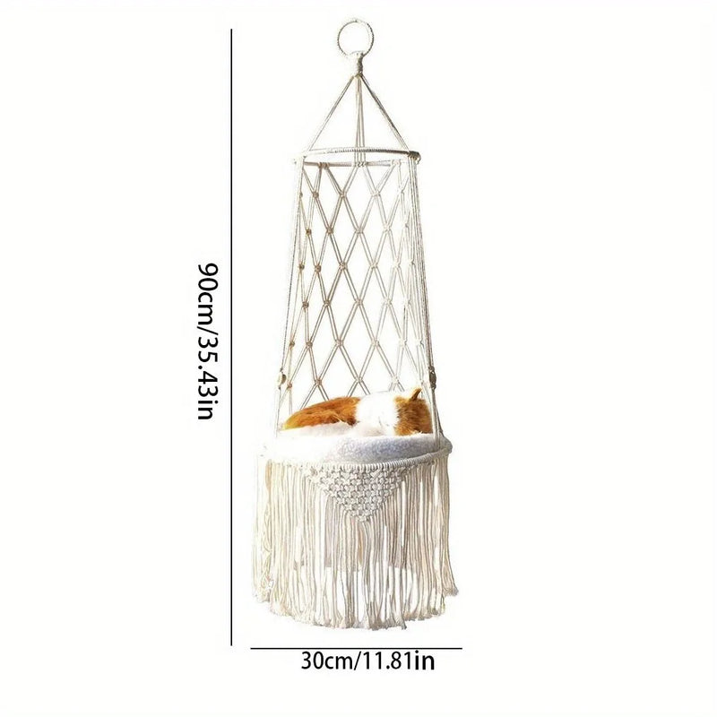 Hamac pour Chat Suspendu en Macramé Blanc Cassé à Longues Franges, Taille M ou L, vue 7