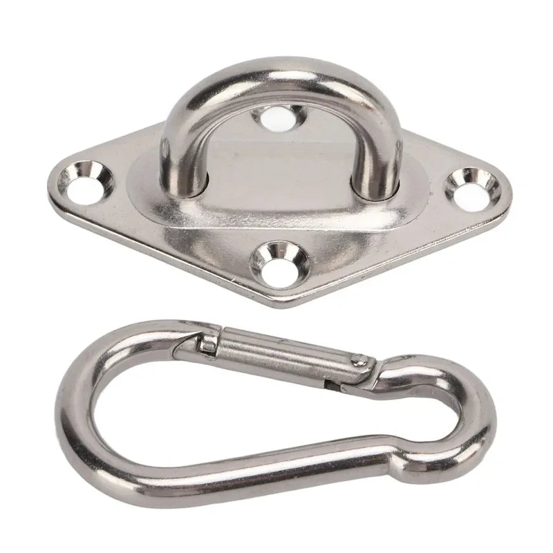 Kit de Fixation Hamac en Acier Inoxydable, 2 Platines à Anneau, 2 Mousquetons et Vis