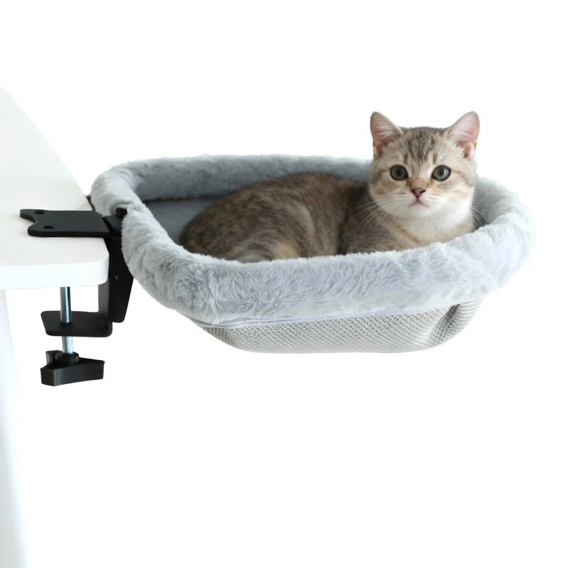 Hamac pour Chat de Bureau à Pince, Pliable en Un Clic, Demi-circulaire en Peluche Grise, 44 x 46 cm, vue 7
