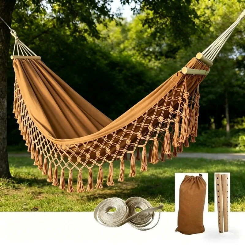 Hamac Bohème à Franges, Toile Polyester et Barres en Bois, 2 Places, vue 10
