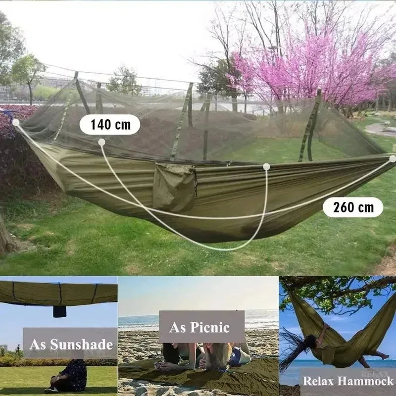 Hamac de Camping avec Moustiquaire, Nylon 210T Ripstop, 260 x 140 cm, Bâche à la Pièce