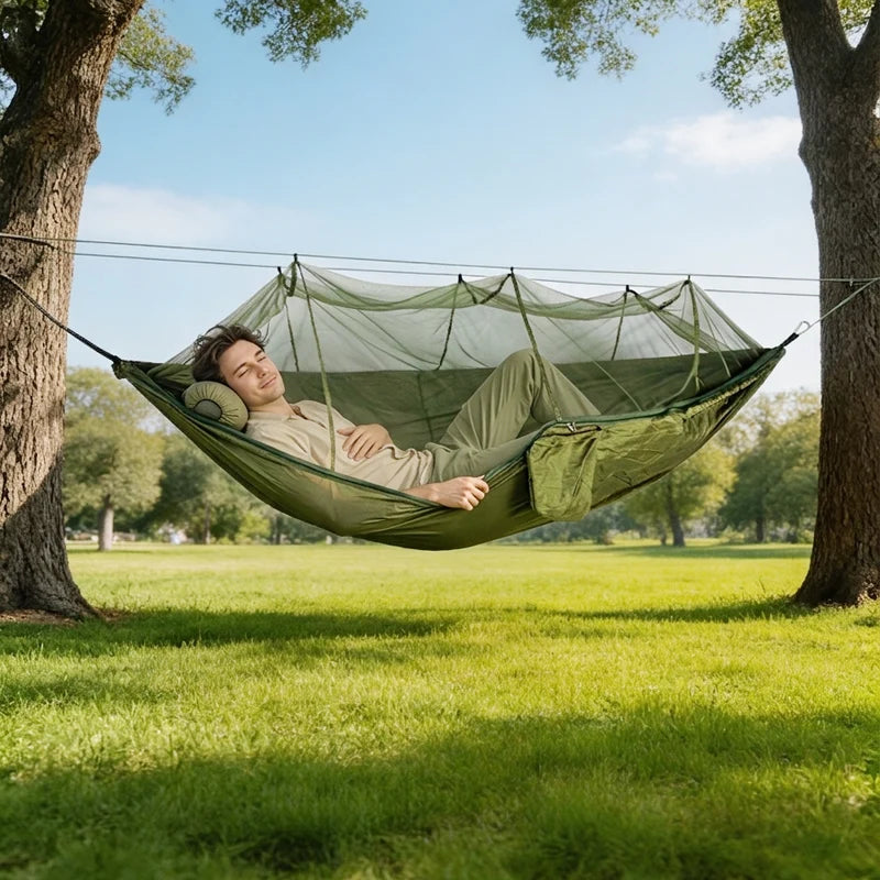 Hamac Moustiquaire de Camping en Nylon, Vert Militaire, 260 x 140 cm, vue 4