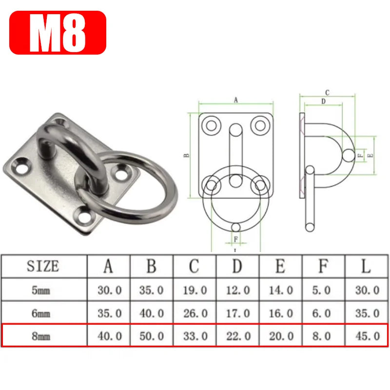 Plaque à Anneau Inox 304 pour Hamac, Fixation Plafond et Mur, M5 à M8, vue 8