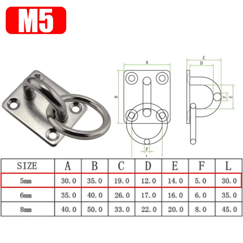 Plaque à Anneau Inox 304 pour Hamac, Fixation Plafond et Mur, M5 à M8, vue 9
