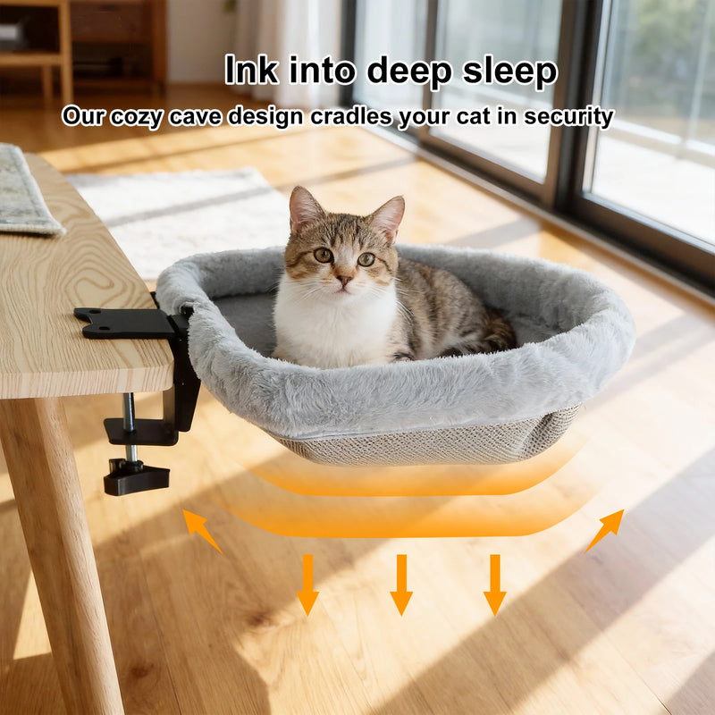 Hamac pour Chat de Bureau à Pince, Pliable en Un Clic, Demi-circulaire en Peluche Grise, 44 x 46 cm