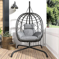 Fauteuil Suspendu Œuf en Résine Tressée Noire avec Pied et Coussin Gris, vue 7