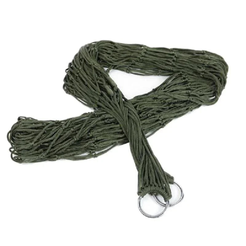 Hamac Filet de Camping en Corde de Nylon Vert Militaire avec Anneaux Métalliques, vue 2