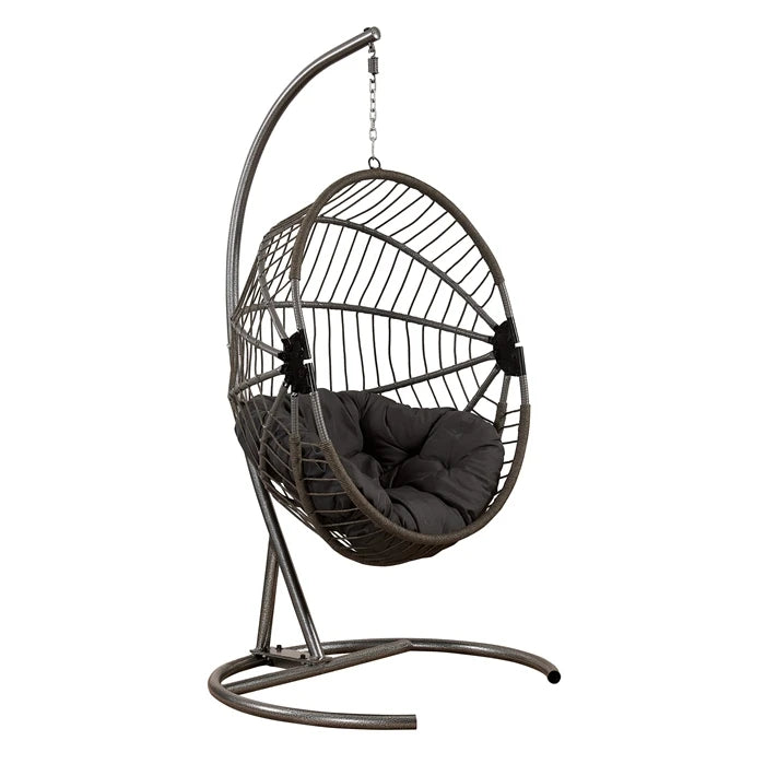 Fauteuil Suspendu Pliable Tressé Marron, Pied en C Noir, Coussin Gris Foncé, vue 4