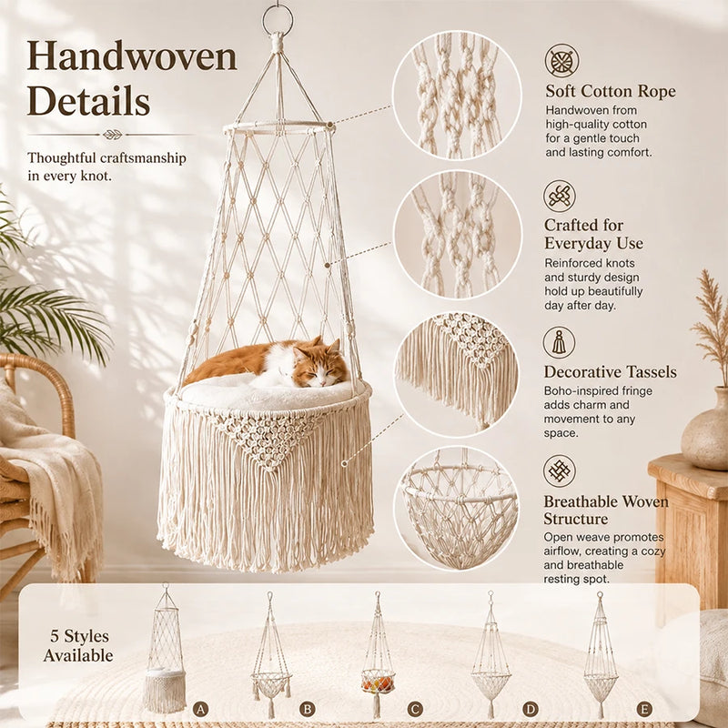 Hamac pour Chat Suspendu en Macramé de Coton, Panier à Franges, 5 Modèles de 21 à 40 cm, vue 3