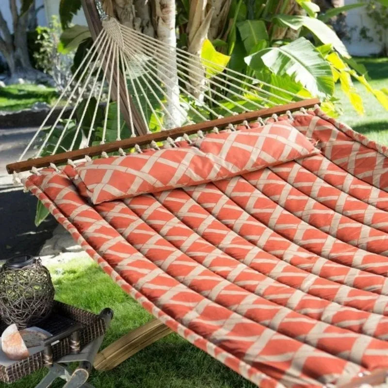 Hamac sur Pied en Bois Courbé avec Toile Matelassée Orange et Oreiller, vue 4